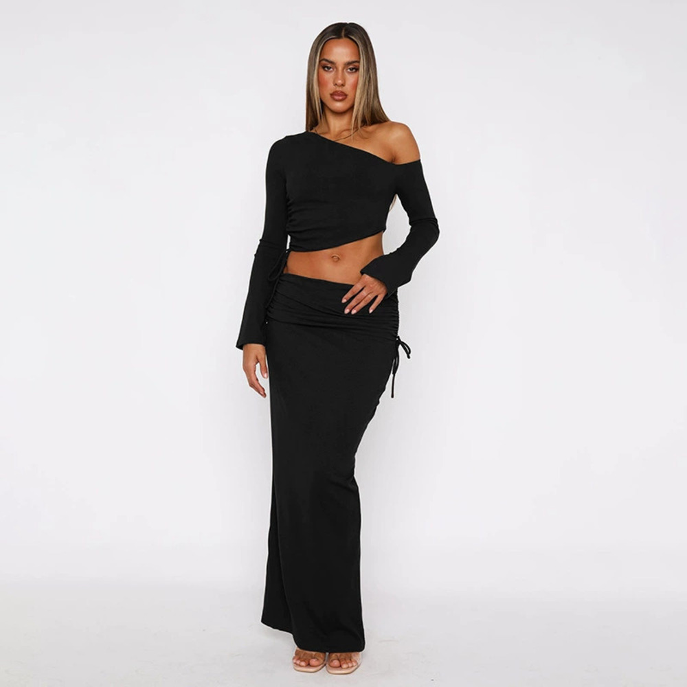 Zara Long Sleeve Solid One Shoulder Crop Top Ruched Midi Skirt 2 Piece Set